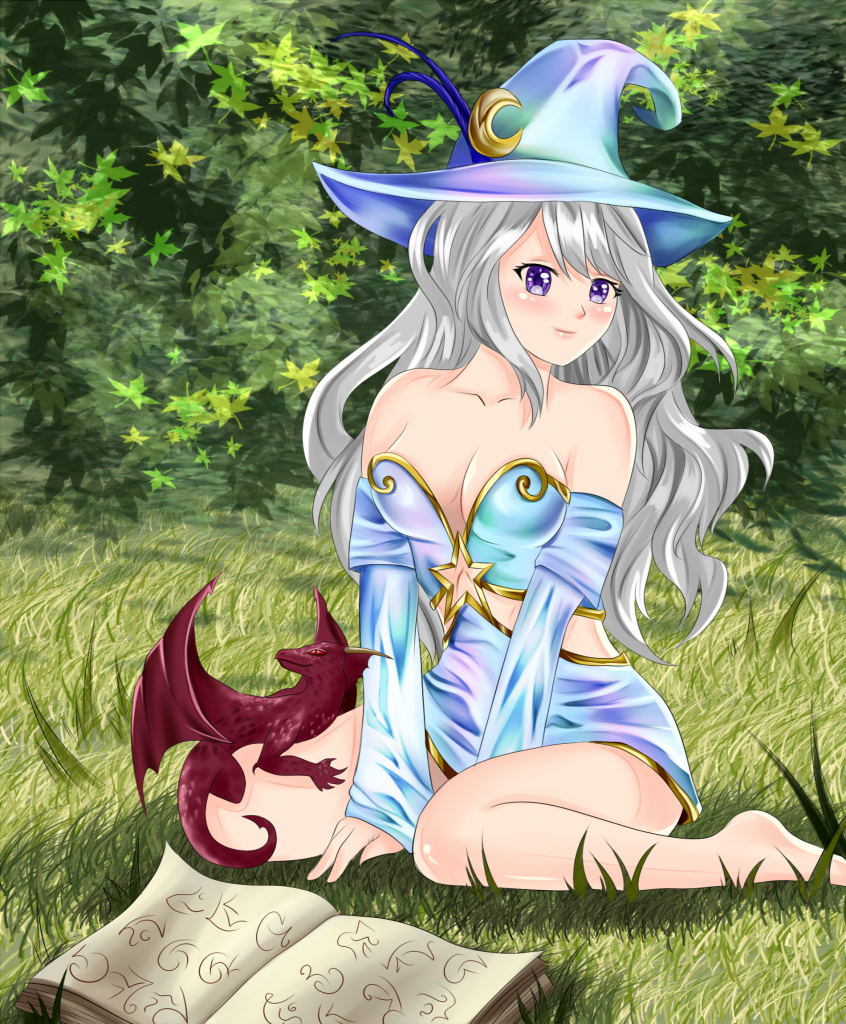 Artwork of a cute female sorceress with a dragon