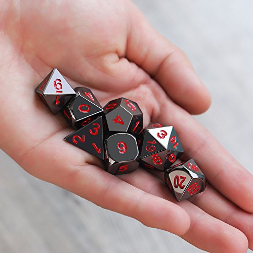 Frienda Zinc Alloy Metal Polyhedral 7-Die Dice Set for Dungeons and Dragons RPG Dice Gaming D&D Math Teaching, d20, d12, 2 Pieces d10 (00-90 and 0-9), d8, d6 and d4 (Black and Red)