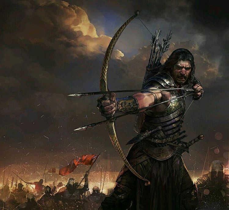 Male archer warrior draws two arrows.