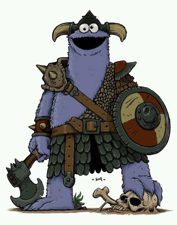 Cookie monster dressed as a barbarian.
