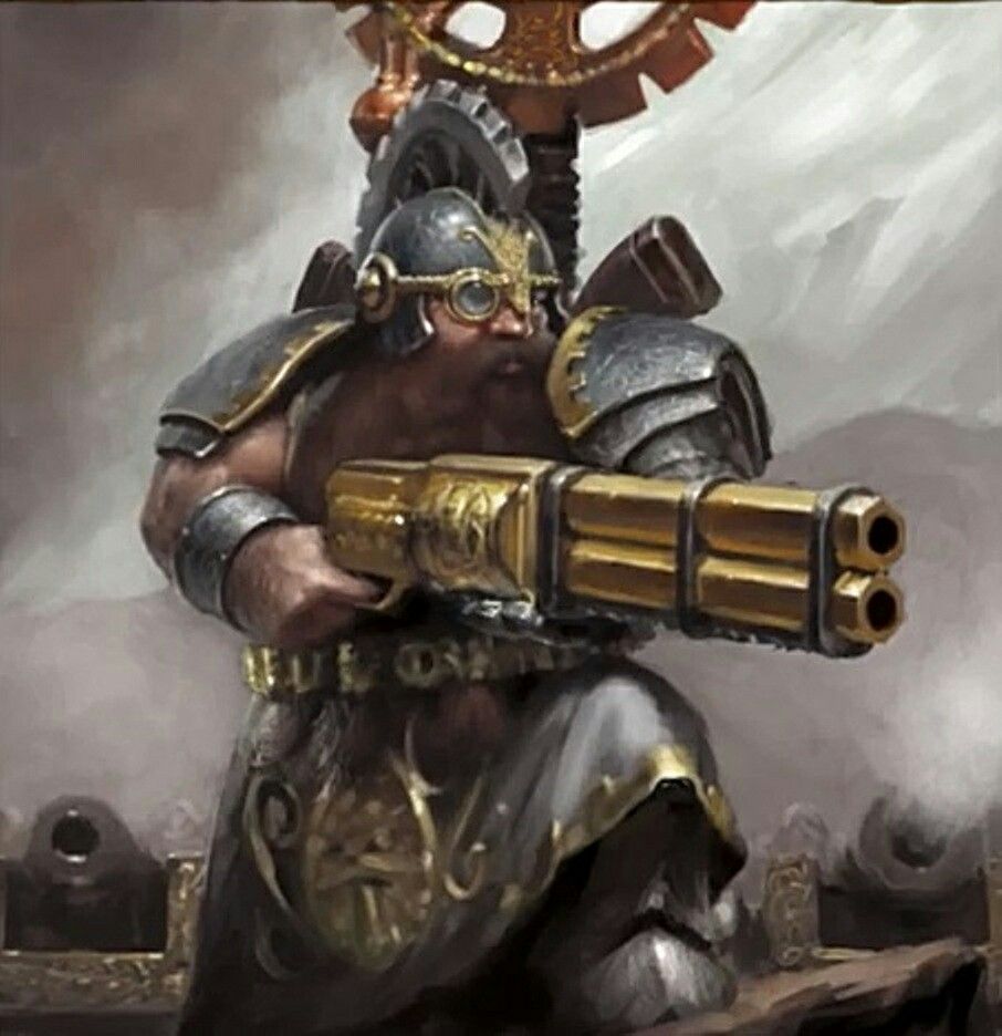 Bearded dwarf holding a big steampunk gun.