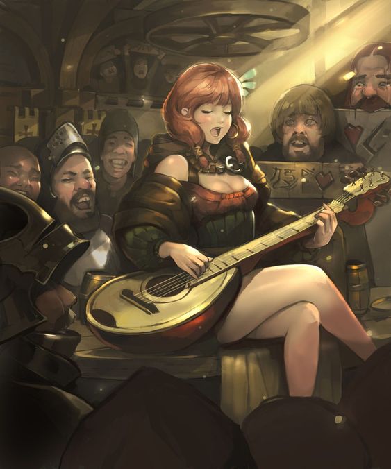Attractive female bard plays for a crowd