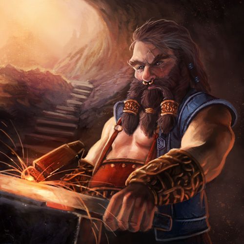 Dwarf with braided beard forges a sword