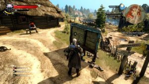 Witcher 3 gameplay - Geralt standing in front of a notice board.