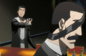 Man speaking with a bartender with an eyepatch.