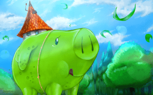 Giant green pig wearing a tavern has a hat.