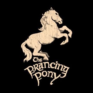 Signage for the Inn of the Prancing Pony. It's a horse rearing.