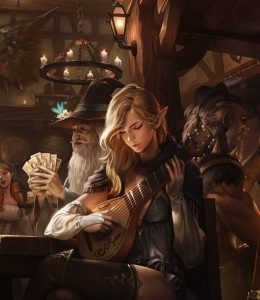 Attractive female bard playing a lyre next to a wizard playing cards in a tavern.