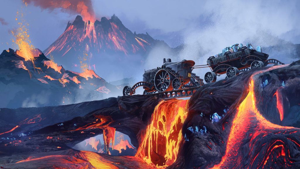 A Steampunk vehicle travelling across a volcanic waste