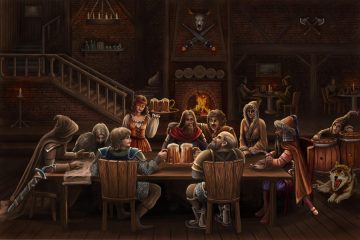 Several adventurers at a table at a tavern